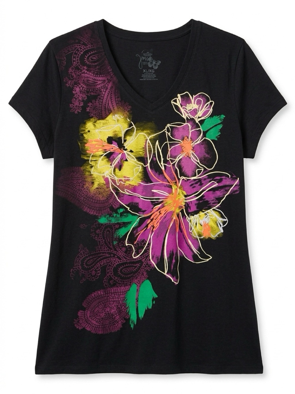 Floral Graphic V-Neck Women Tee Black with Neon Flowers Y2K street style plus 2X